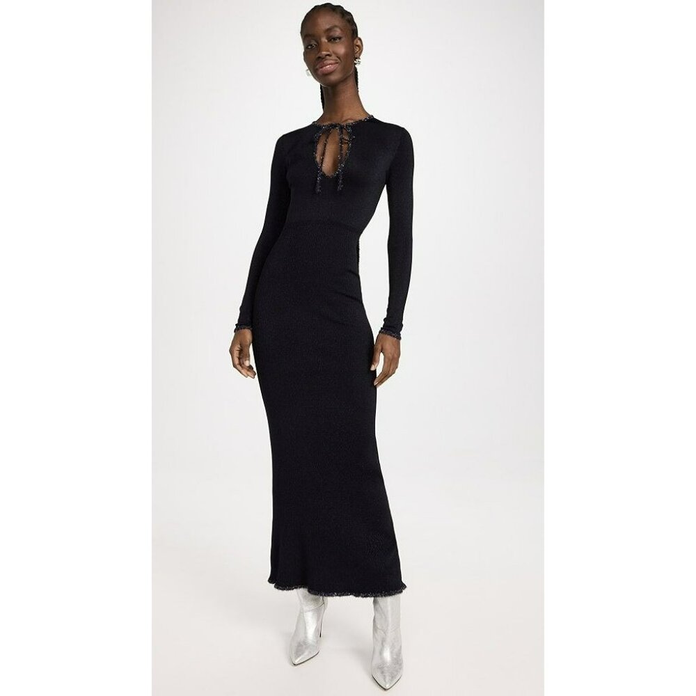 NEW JoosTricot Lurex Long Midi Tie Dress Navy Black Tinsel Bow - Picture 2 of 4